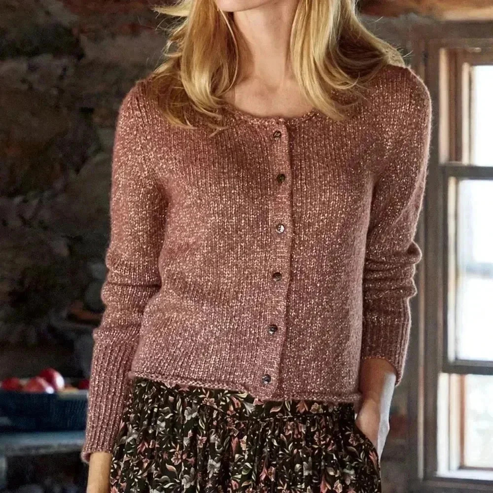 Peruvian Connection Women's XS Macdougal Cardigan Cropped Mauve Gold Metallic